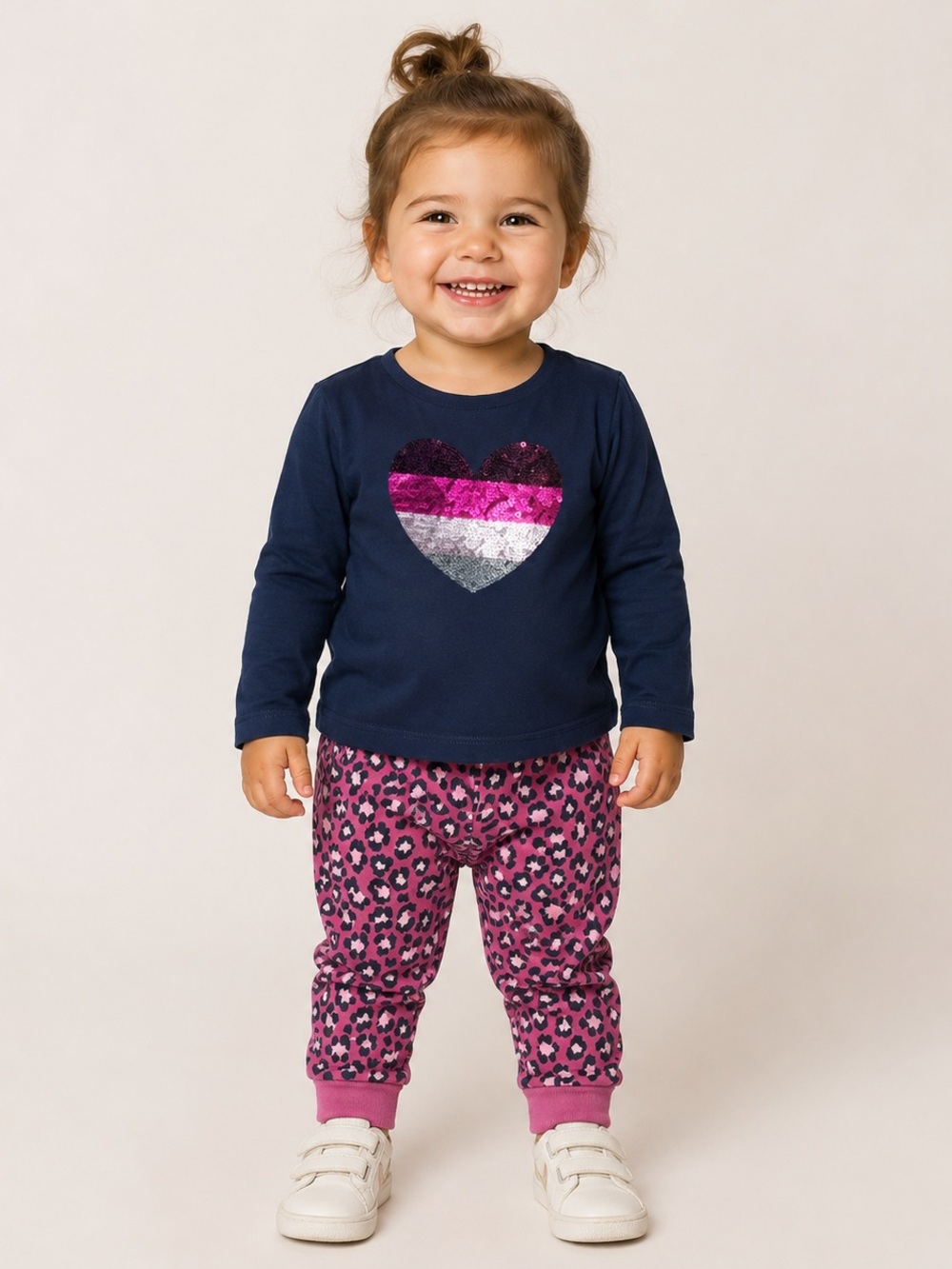 Navy Sequin Heart Kids Set w/ Pink Leopard Pants